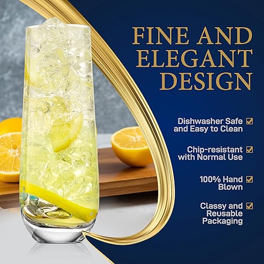 Champagne Flutes Stemless 9.4oz | Set of 2 Elegant Clear Crystal Glass Drinkware w/Narrow Rim Seamless Bowl, Lead-Free Dishwasher Safe Sparkling Wine Glassware Perfect for Any Occasion by NutriChef