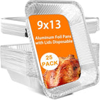 Aluminum Foil Pans with Lids 9x13 Disposable – Half Size Aluminum Foil Heavy Duty deep Turkey Roasting Pan, Tin foil Sheets Tray Chafing for Cooking, Baking, Storing, Food Prepping, 25 Pack