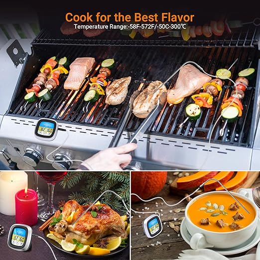Meat Thermometer, Digital Oven Thermometer with Long Probe, Large LCD Touchscreen, Kitchen Timer, Instant Read Grill Thermometer for Oven BBQ Candy Steak Cooking Baking Grilling