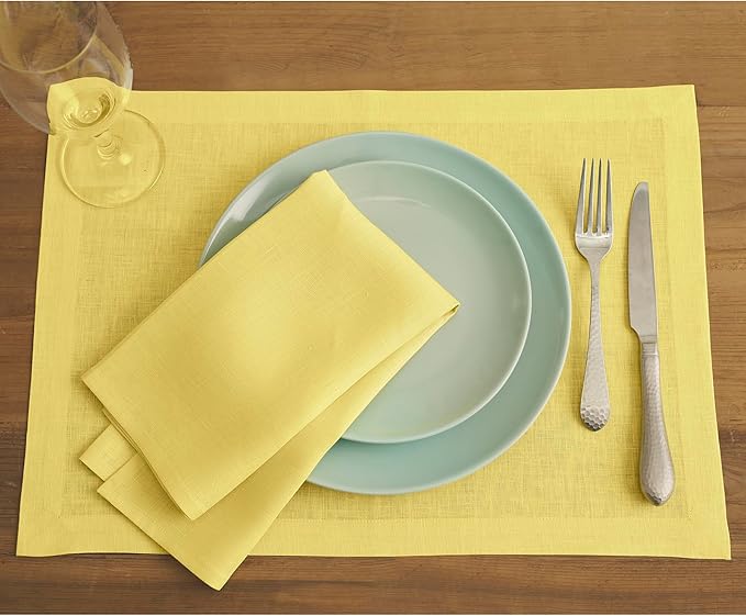 Solino Home Linen Cloth Napkins Set of 4-100% Pure Linen Sunshine Yellow Dinner Napkins 20 x 20 Inch - Fete, Handcrafted and Machine Washable