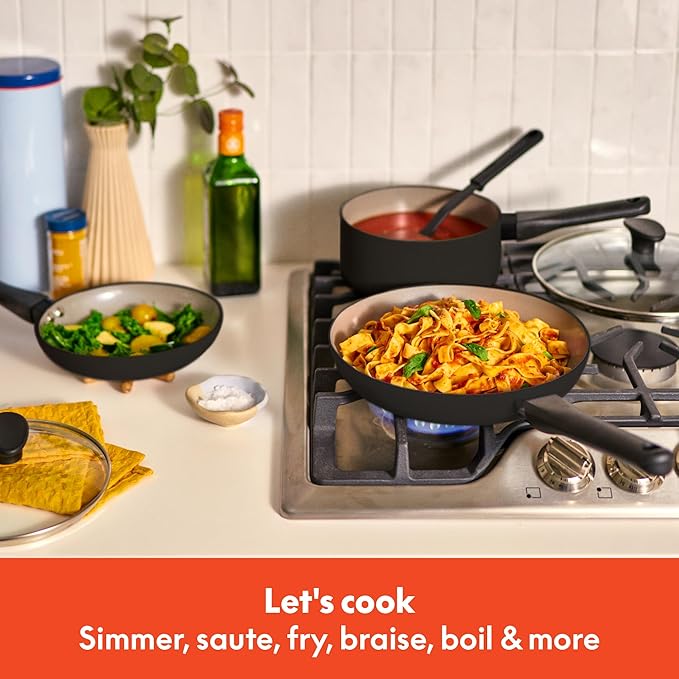 bella 12 Piece Cookware Set with EverGood™ Ceramic Nonstick Coating, Dishwasher & Oven Safe, All Stovetops Compatible, Tempered Glass Lids and Cool Touch Handles, Black