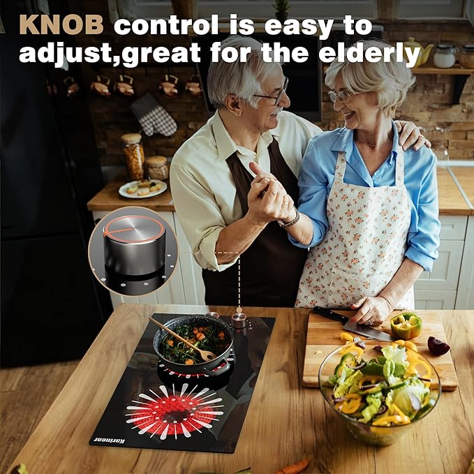 Karinear 110V Electric Cooktop 2 Burners, 12 Inch Electric Stove with Plug in, Countertop & Built-in Ceramic Stove Top, Knob and Sensor Touch Control, Multifunctional Radiant Stove
