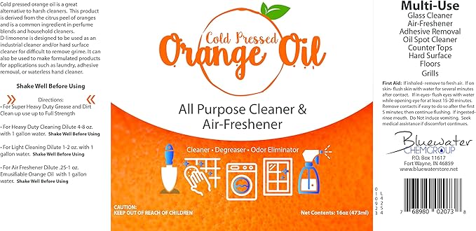 Premium Cold Pressed Orange Oil Concentrate- 16 oz (with D-Limonene), Concentrated Cold Pressed Orange Oil Cleaner - All-Purpose Citrus Cleaner and Degreaser Blend