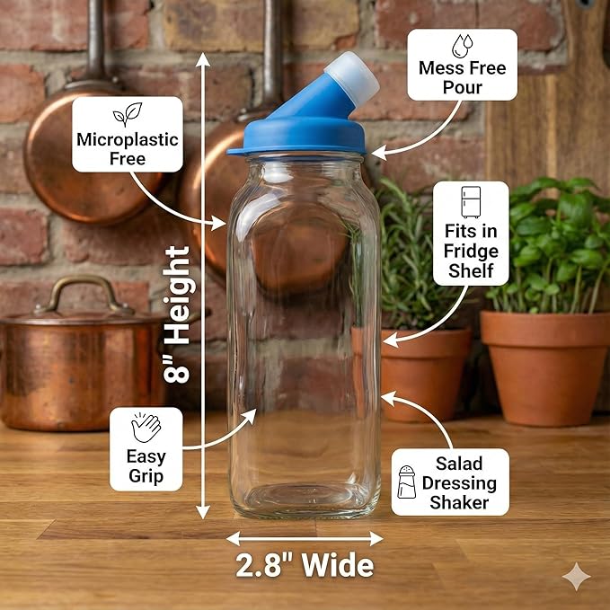 kitchentoolz Salad Dressing Container Glass Bottles – 16oz Glass Salad Dressing Shaker Bottle 4-Pack with Non-Metal Silicone Lids for Dressings, Marinades, Sauce