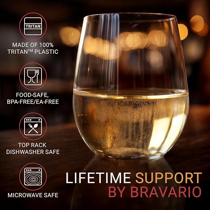 Bravario Unbreakable Stemless Plastic Wine Glasses | Reusable | Shatterproof 100% Tritan Plastic | Dishwasher-Safe | BPA-free | Awesome for Indoor & Outdoor | 16 oz, Set of 4