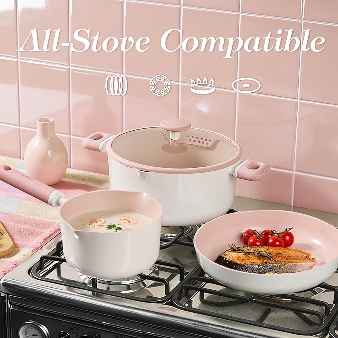 CAROTE Ceramic Cookware Set Nonstick, 15pcs Pots and Pans Set Non stick, Non Toxic Cookware,Dishwasher,RV/Camping Cookware Set, Pan and Pot with Kitchen Utensils, Pink