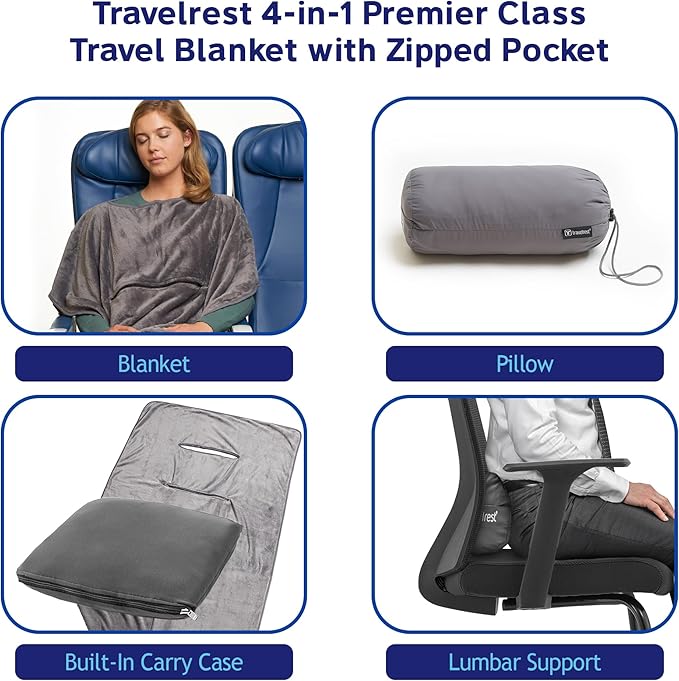 TRAVELREST 4-in-1 Travel Blanket – Wearable Blanket, Pillow & Body Wrap, Lightweight, Compact & Cozy with Carry Case, Travel Friendly, Comfort, Ideal for Airplanes, Long Flights, Road Trips - Gray