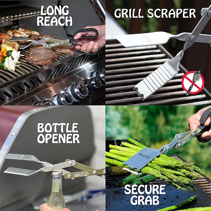 BBQ Croc 3-in-1 Barbecue Tool 18-inch + 15-inch 2-Pack - Extra Light and Long Tongs, Spatula and Grill Scraper (Blue) (18 inch + 15 inch)