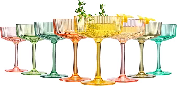 Khen Shatterproof Acrylic Ribbed Vintage Art Deco Martini, Champagne & Cocktail Spring & Summer Bright Pastel Colors Plastic Coupe Glasses | 8 Set | 8oz Ripple Classic Indoor & Outdoor, European Style
