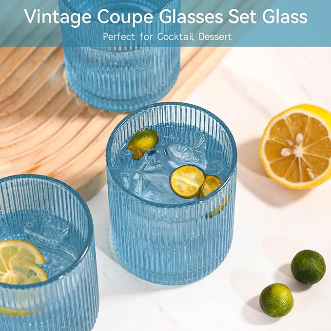 Physkoa Blue Ribbed Drinking Glasses Set of 6 – 9oz Vintage Blue Glassware, Embossed Ribbed Tumbler Cups for Iced Coffee, Water, Juice, Cocktail – Aesthetic Kitchen Glass Set