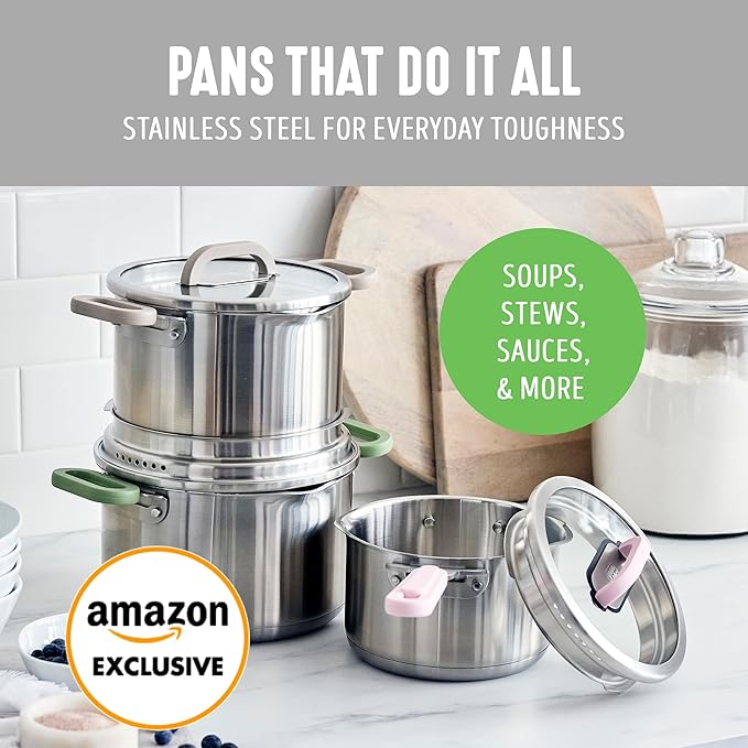 GreenLife 6 Piece Stainless Steel Cookware Set, Induction Kitchen Cooking Pots & Pans, Locking Lids, Built in Strainer, Drip-Free Pour Spouts, Silicone Handles, Saucepan, Stock Pot, Dishwasher Safe