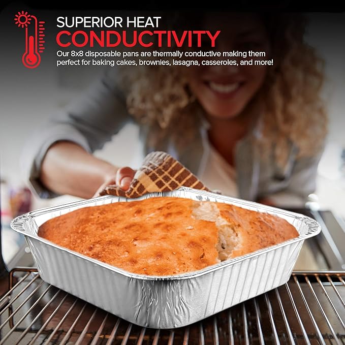 Stock Your Home 8x8 Foil Pans (50 Pack) 8 Inch Square Aluminum Pans - Foil Pans - Disposable Food Containers Great for Baking Cake, Cooking, Heating, Storing, Prepping Food