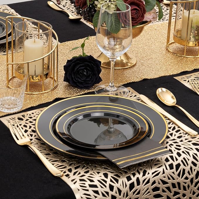 NOCCUR 200PCS Black and Gold Plastic Plates for 100 Guests - Include 100PCS 10" Dinner/ 100PCS 7" Dessert Disposable Plates Heavy Duty - Ideal for Party/Birthday/New Year