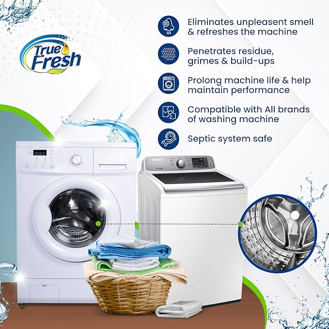 True Fresh Washing Machine Cleaner Tablets – 25-Pack Deep Cleaning for Front Loader, Top Load & HE Washers – Helps Remove Odor-Causing Residues, Pet Hair & Hard Water Buildup – Septic Safe