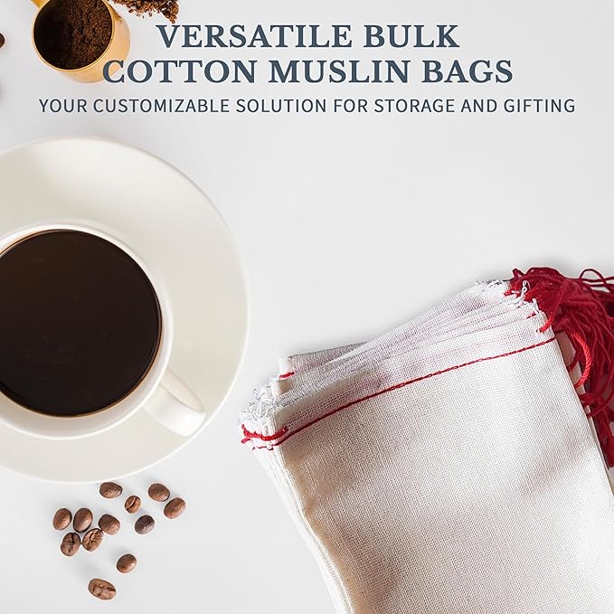 Celestial Gifts Muslin Bags - 100% Cotton Drawstring Bags Medium 100pcs, 5x7, Reusable Tea, Coffee, Jewelry, Gift, Spice Pouch and Sachet Bag - Made in USA - (Red Hem and Drawstring)