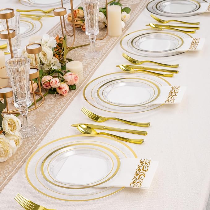 Goodluck 200PCS Clear Gold Plastic Plates, Heavy Duty Disposable Clear Plates with 100 10.25 inch Dinner Plates and 100 7.5 inch Dessert Plates for Party, Holiday, Wedding, Thanksgiving