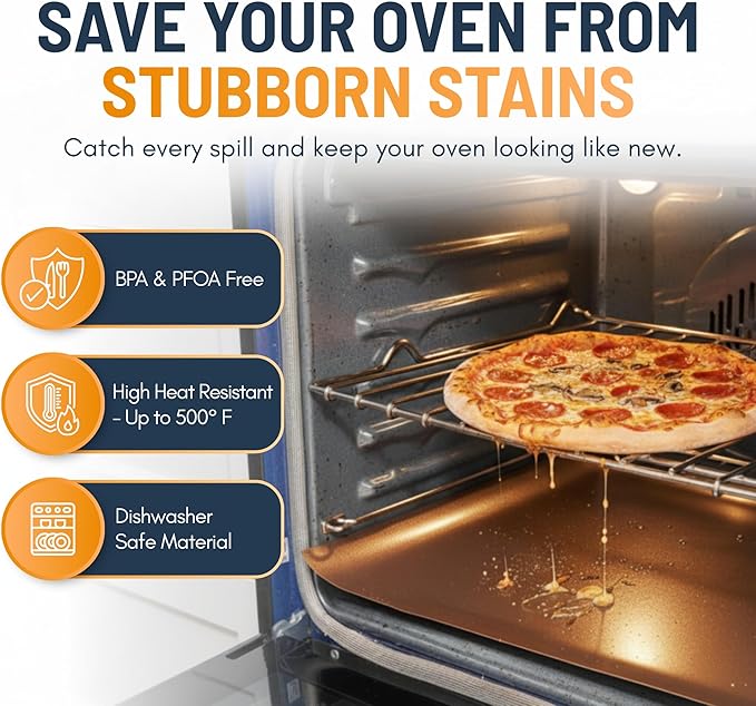Oven Liners for Bottom of Oven - 2 Pack Large Heavy Duty Mats, 17”x25” Non-Stick Reusable Liner for Electric, Gas, Toasters, Grills - BPA & PFOA Free Kitchen Accessory to Keep It Clean (Copper)
