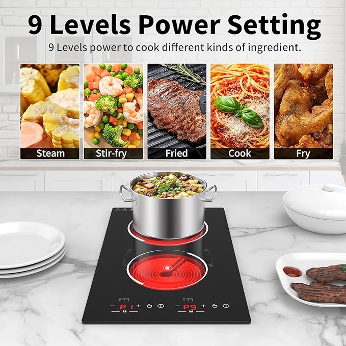 VBGK Electric Cooktop,12 Inch Built-in Radiant Electric Stove Top,110V 2100W 2 burner cooktop With 9 Heating Level, Timer & Kid Safety Lock, Sensor Touch Control 2 burner Induction Cooktop