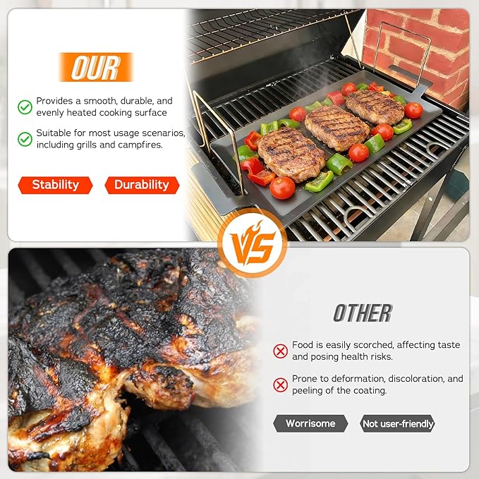 Premium Carbon Steel Griddle, Large Non-Toxic Stovetop Flat Top Pan for Gas, Electric Range, Induction, Grill & Campfire, Pre-seasoned Nitride Coating, Oven Safe to 1200°F, with Heat-insulating Gloves