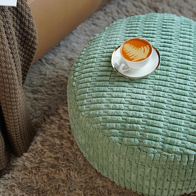 Unstuffed Pouf Ottoman Cover Soft Storage Extra Seat Farmhouse Comfortable Bohemian Poufs Accent Footrest 20x20x8 Inches for Living Room Bedroom Study Nook (Green, Round)
