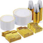 Goodluck 420 Pieces Gold Disposable Plates for 70 Guests, Plastic Plates for Party, Dinnerware Set of 70 Dinner and 70 Dessert Plates, 70 Spoons, 70 Forks, 70 Knives, 70 Cups
