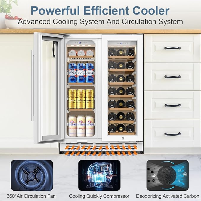Wine and Beverage Refrigerator, 24 Inch Beverage Cooler Dual Zone with Glass Door, Under Counter Beverage Fridge with Upgraded 65 Cans 18 Bottles Large Capacity, White
