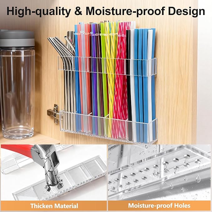 9.5” Large Acrylic Straw Holder for Cabinet Door, Reusable Adjustable Two-Part Straws Organizer with Ultra Sticky Adhesive Strips, 2026 Straw Storage for Kitchen Cupboard (Transparent)