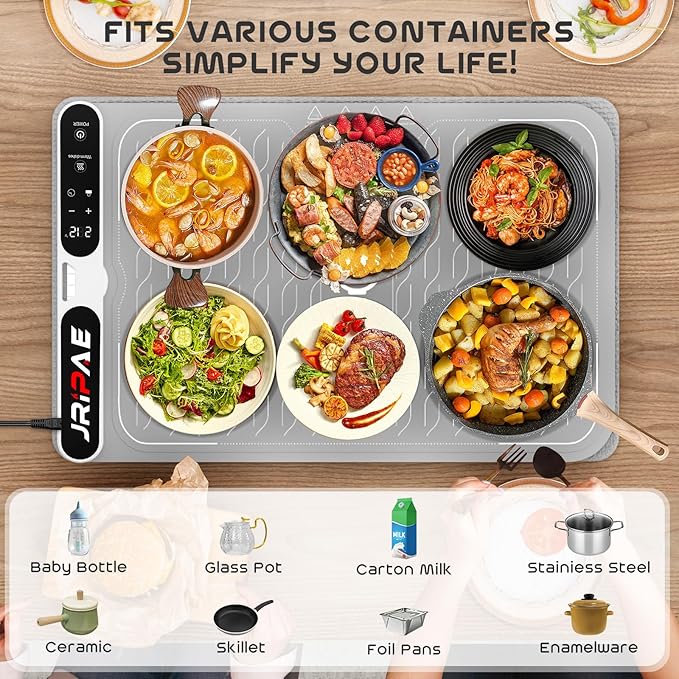 Warming Mat for Food, Fast Heating Silicone Electric Warming Tray with Heat Resistant Pad Protects Table,7 Level Temp, 8H Timer, Portable & Rollable Food Warmers for Parties Buffet, Daily Use