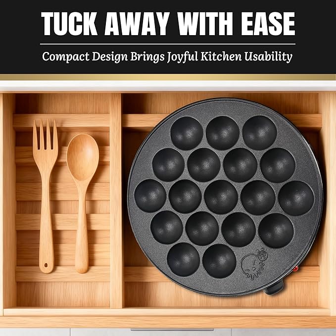 Takoyaki Maker Pan with Temperature Control, Tools and Recipes, Make 18 Japanese Octopus Balls at once, Easy to Use and Store