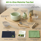 Matcha Whisk Set, 15PCS Ceramic Matcha Bowl Kit, Includes Bamboo Whisk & Holder, Glass Measuring Cup, Caddy, Sifter, Scoop, Tea Towel, Tea Mat, Making Sets for Lovers, Green