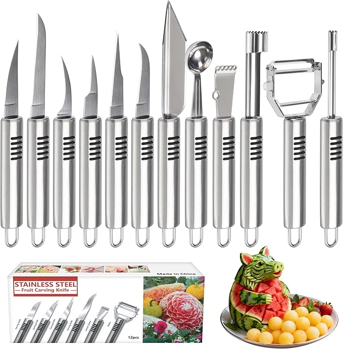 BURLIHOME 12 Pack Vegetable and Fruit Carving Tools, Chef Garnish Tools, Melon Baller Scoop Set, Lemon Zester, Vegetable Peeler, Apple Corer, Stainless Steel Carving Knife Set for Fruits