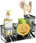 Cisily Kitchen Sink Caddy Organzier with High Brush Holder, Sponge Holder for Sink, 304 Rustproof Stainless, Kitchen Countertop Soap Dispenser Organizer (Black With Smiley Face Holder, 9.25″)