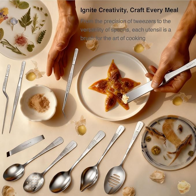 | Plating Tools Culinary Set | 11 Piece Professional Chef Plating Tools Pro Kit | Kitchen Plating Utensils | Modernist Cuisine Food Art | Stainless Steel | Black (Silver)