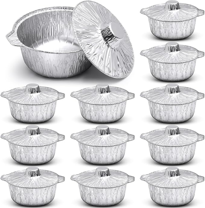 Ziliny 12 Pcs Disposable Aluminum Pot with Lid Round Foil Pans Disposable Cookware Food Container for Vacation Trips Camping Baking Heating Cooking (33.8 oz)