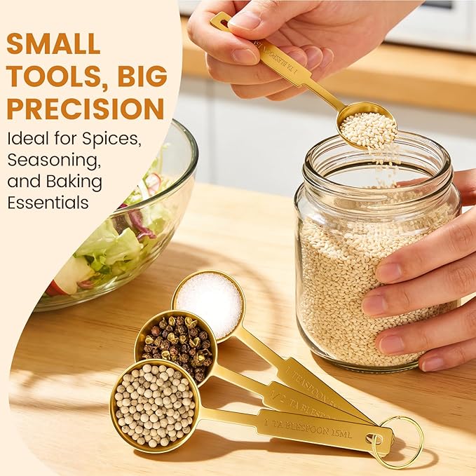 Gold 304 Stainless Steel Measuring Cup and Spoon Set, Stackable, 8-Piece, Long Handle for Narrow Bottles, Premium Gold Kitchen Utensils for and Cooking