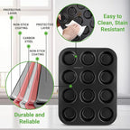 NutriChef Muffin Pans for Baking 2-Pack | Nonstick 12 Mold Cupcake Tins | Carbon Steel Stackable Cup Cake Trays | Dishwasher & Oven Safe | Includes 100 Parchment Paper Liners | 13 x 10 x 1 | Black