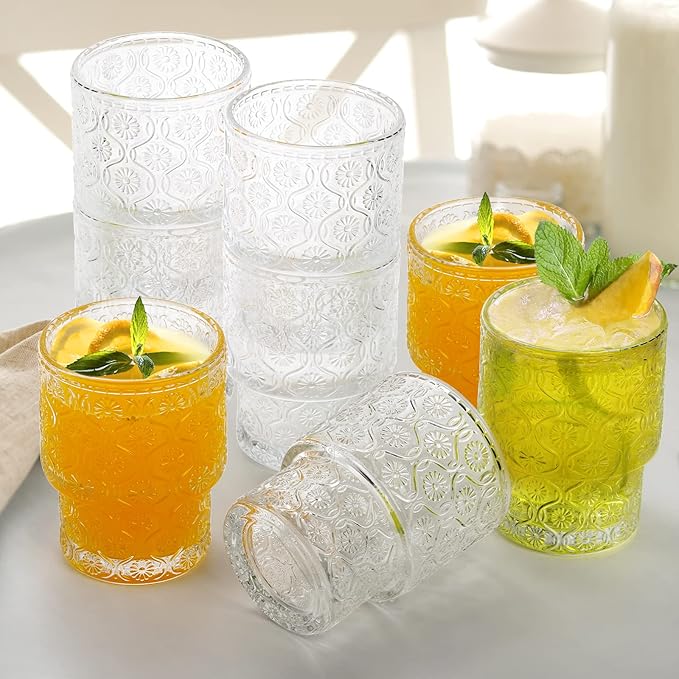 AVLA 8 Pack Vintage Drinking Glassware, 7 oz Romantic Water Juice Glass Tumbler Cup, Clear Stackable Coffee Cocktail Bar Drinkware for Beverages, Tea, Milk, Yogurt, Whiskey, Embossed Floral Pattern