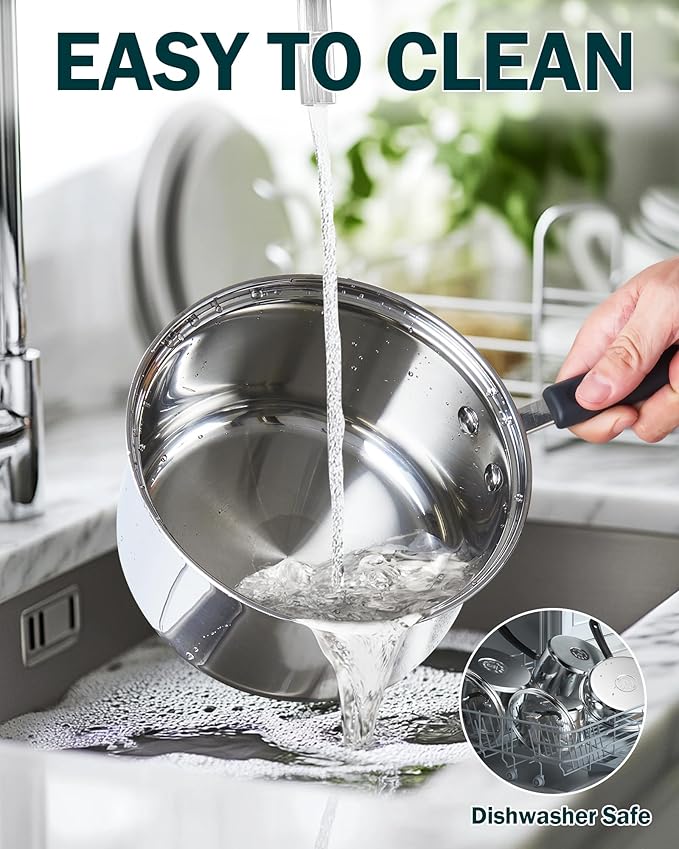 Cook N Home 1 Quart Stainless Steel Saucepan with Lid, Induction Compatible Milk Pot, Stay-Cool Silicone Handle, Mirror Polished 18/10 Cookware, Dishwasher & Oven Safe, Silver