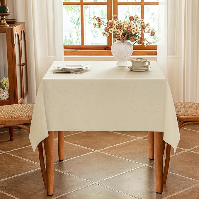 Fabric 54 x 54 Inch Square Table Cloth, Faux Linen Textured Water Resistant & Wipeable Card Tablecloth, Reusable for Dinning Kitchen Patio, Beige