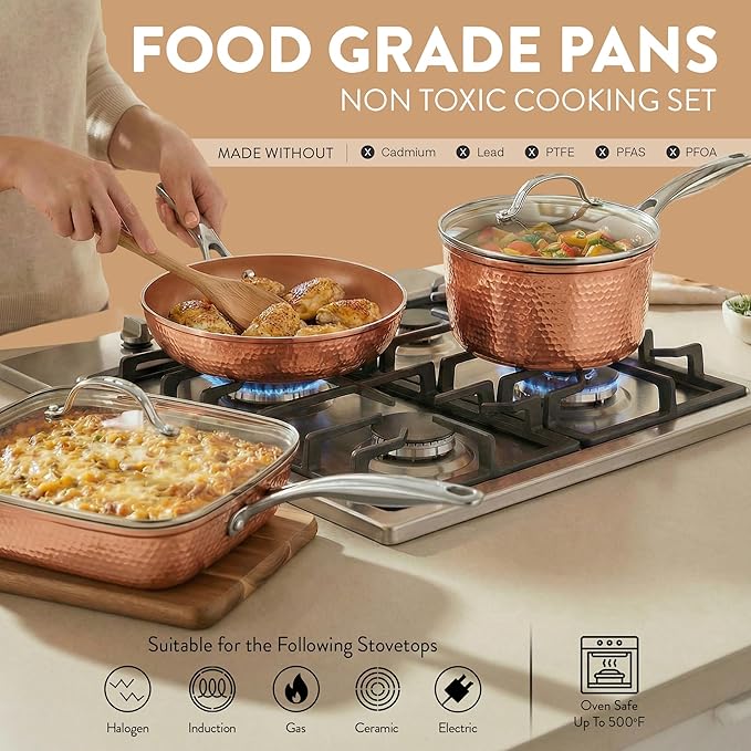 Gotham Steel Hammered 20 Pc Ceramic Cookware Set Nonstick, True Ceramic Pots and Pans Set Non Stick with Deep Square Pan Set & Bakeware Set, Non Toxic PFOA PFOS Free, Oven & Dishwasher Safe