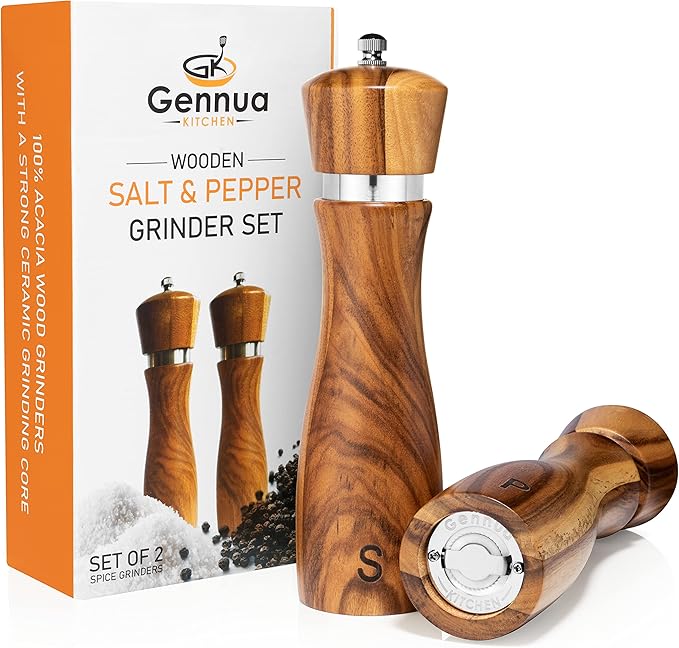 Gennua Kitchen Wooden Salt and Pepper Grinder Set: Refillable Salt & Pepper Mills Adjust for Customized Coarseness, Crafted of Solid Acacia Wood with Ceramic/Stainless Steel Core, 8 Inches Each