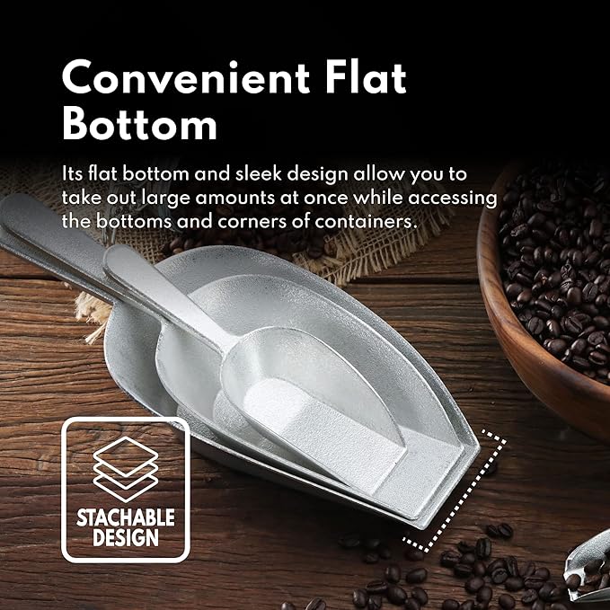 New Star Foodservice 34721 One-Piece Cast Aluminum Flat Bottom Bar Ice Flour Utility Scoop, 24-Ounce, Silver
