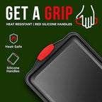 Nonstick Cookie Sheet Pan Carbon Steel Oven Tray Sheet Pan with Red Silicone Handles -Small Bakeware Pan Tray with Gray Coating Inside & Outside