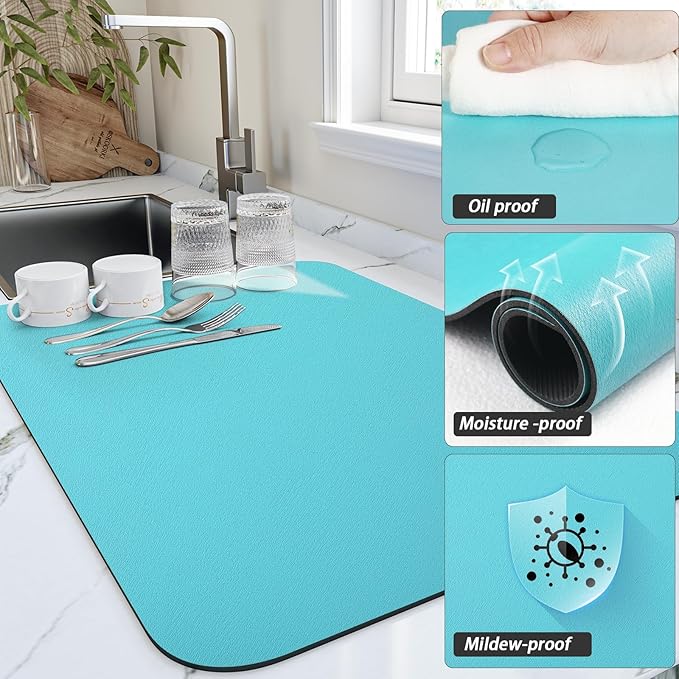 HotLive Dish Drying Mat for Kitchen Counter, Heat Resistant Drainer Mats with Non-slip Rubber Backed, Hide Stain Kitchen Super Absorbent Draining Mat, Easy to Clean Dish Rack Pad, Teal 16"x18"