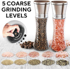 Premium Salt and Pepper Grinder Set of 2 - Two Refillable Stainless Steel Sea Salt & Spice Shakers with Adjustable Coarse Mills - Easy Clean Ceramic Grinders w/BONUS Silicone Funnel & Cleaning Brush