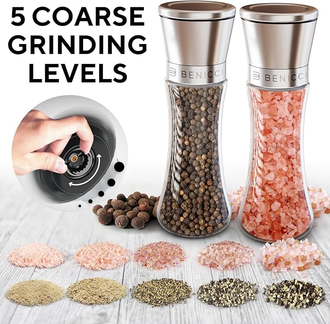 Premium Salt and Pepper Grinder Set of 2 - Two Refillable Stainless Steel Sea Salt & Spice Shakers with Adjustable Coarse Mills - Easy Clean Ceramic Grinders w/BONUS Silicone Funnel & Cleaning Brush