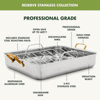 GreenPan Reserve 16" x 13" Tri-Ply Stainless Steel Roasting Pan with Roaster Rack, Multiclad Cookware, Induction Suitable, Gold Stainless Steel Handles, Dishwasher & Oven Safe, Silver