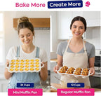 RICCLE 2 Pack Silicone Muffin Pans for Baking with Metal Reinforced Frame - Regular 12 Cup Silicone Muffin Pan & 24 Cup Mini Cupcake Pans - Silicone Cupcake Pan Set - Oven & Dishwasher Safe, BPA-Free