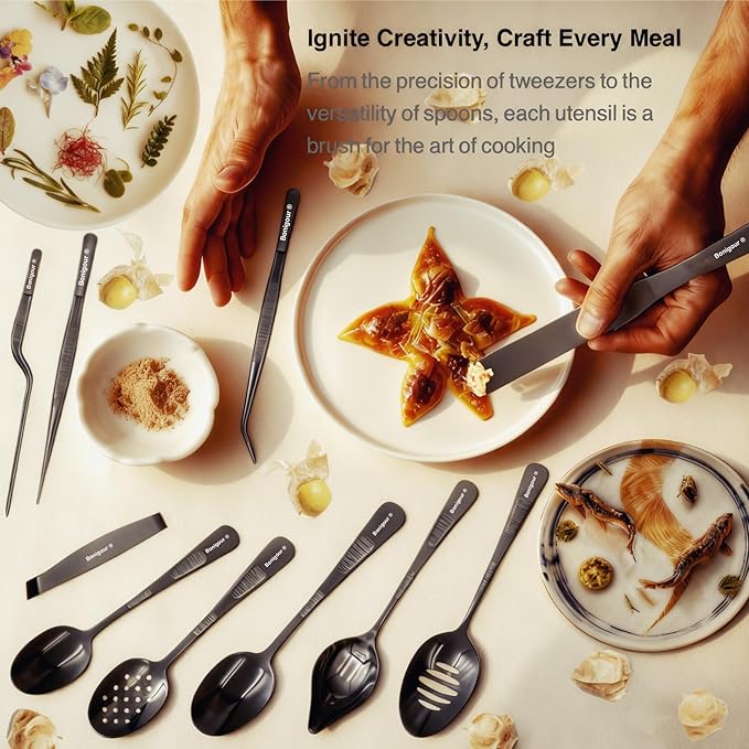 | Plating Tools Culinary Set | 11 Piece Professional Chef Plating Tools Pro Kit | Kitchen Plating Utensils | Modernist Cuisine Food Art | Stainless Steel | Black (Black)