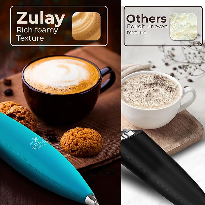 Zulay Kitchen Patented Tornado Triple Whisk Milk Frother with 4 Duracell Batteries – Handheld Foam Maker for Coffee, Lattes, Matcha & Hot Chocolate – Rich, Creamy Froth in Seconds - Teal Blue